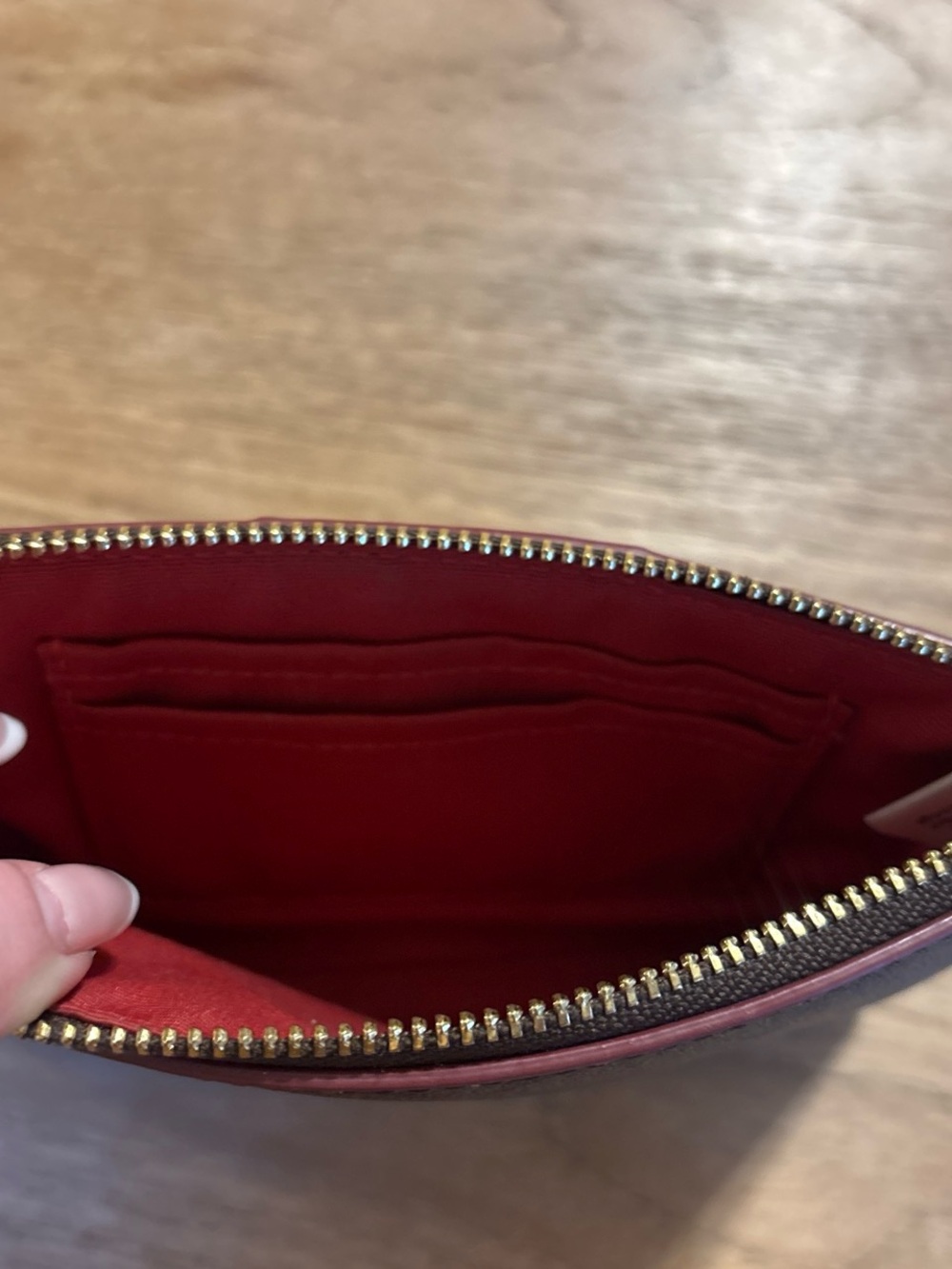 Coach Brown Signature Wristlet with Red Center Stripe - Picture 3 of 4